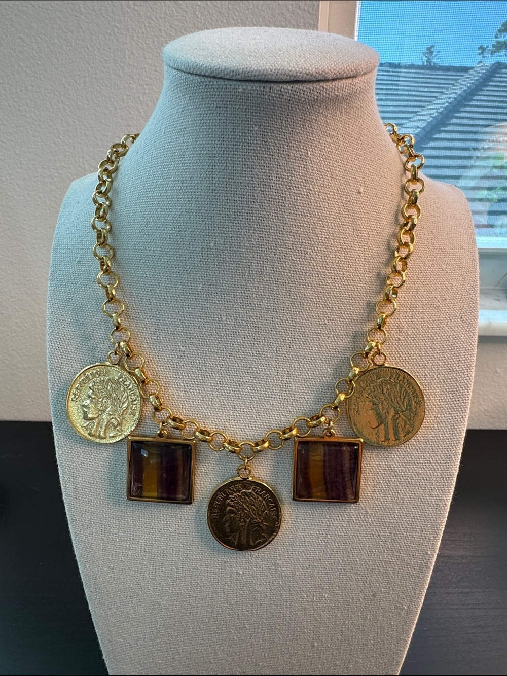Gold-Tone Coin & Brown Stone Charm Necklace - Women Jewelry